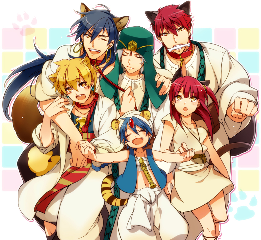 1girl 5boys ;d aladdin_(magi) alibaba_saluja animal_ears black_hair blonde_hair blue_hair bone cat_ears cat_tail collar animal_collar earrings flute gem half_updo highres hoop_earrings instrument ja&#039;far_(magi) jewelry keffiyeh kemonomimi_mode leash magi_the_labyrinth_of_magic masrur matsuo_shin midriff morgiana multiple_boys navel one_eye_closed open_mouth pouch red_hair silver_hair sinbad_(magi) sleeves_rolled_up smile tail tiger_ears tiger_tail vest wink