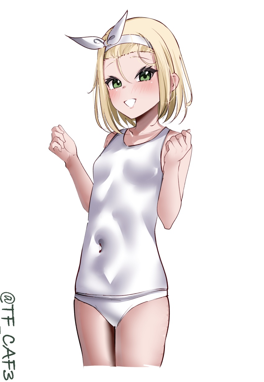 1girl absurdres blonde_hair blush bow_hairband breasts cowboy_shot green_eyes hairband highres i-504_(kancolle) kantai_collection looking_at_viewer luigi_torelli_(kancolle) medium_hair old_school_swimsuit one-hour_drawing_challenge one-piece_swimsuit ribbon school_swimsuit short_hair simple_background small_breasts smile solo swimsuit tf_cafe twitter_username white_background white_hairband white_one-piece_swimsuit