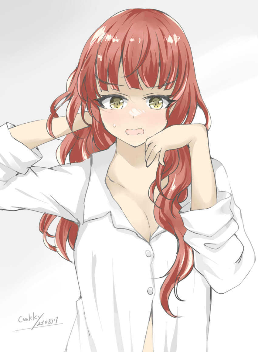 1girl blunt_bangs breasts cleavage collared_shirt de_ruyter_(kancolle) dress_shirt gakky green_eyes highres kantai_collection medium_breasts messy_hair one-hour_drawing_challenge red_hair shirt solo upper_body white_shirt