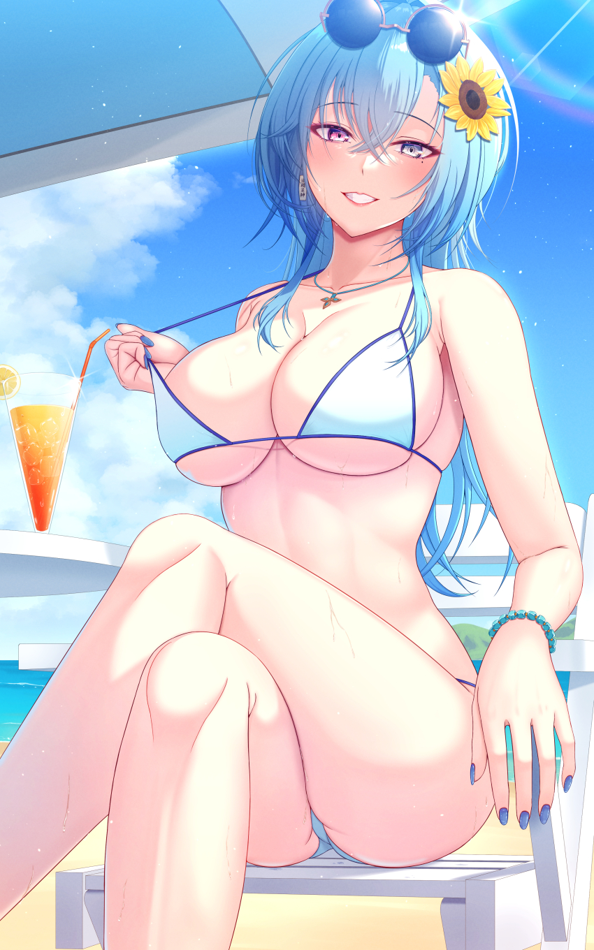 1girl absurdres aogiri_koukou beach beach_chair bikini blue_hair blue_nails bora_(karasumin0) bracelet breasts cloud cocktail collarbone crossed_legs drinking_straw eyewear_on_head flower food fruit grey_eyes hair_flower hair_ornament harusame_urame heterochromia highres jewelry large_breasts lemon lemon_slice long_hair mole mole_under_eye necklace ocean pink_eyes sitting sky smile solo strap_gap sunflower sunflower_hair_ornament sunglasses swimsuit thighs virtual_youtuber wet white_bikini