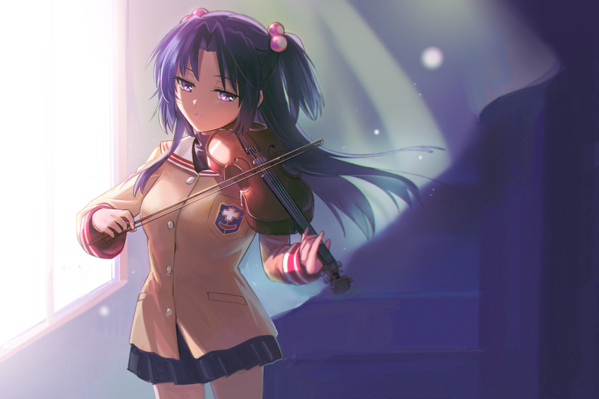 1girl aki_(neyuki41028) black_skirt clannad cowboy_shot floating_hair hair_bobbles hair_intakes hair_ornament hair_ribbon highres hikarizaka_private_high_school_uniform holding holding_instrument holding_violin ichinose_kotomi instrument long_hair miniskirt music playing_instrument pleated_skirt purple_eyes purple_hair ribbon sailor_collar school_uniform skirt solo standing twitter_username two_side_up violin watermark white_sailor_collar