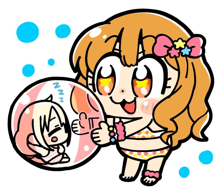 2girls :3 :d ankle_scrunchie ball barefoot beachball bead_bracelet beads bikini bkub blonde_hair blush bow bracelet chibi chibi_only closed_eyes dot_nose eyelashes futaba_anzu hair_between_eyes hair_bow holding holding_ball holding_beachball idolmaster idolmaster_cinderella_girls in_ball jewelry long_hair moroboshi_kirari multiple_girls open_mouth orange_hair outstretched_arms pink_bow pink_scrunchie polka_dot polka_dot_bikini red_eyes scrunchie sideways_mouth sleeping smile star-shaped_pupils star_(symbol) swimsuit symbol-shaped_pupils wrist_scrunchie zzz