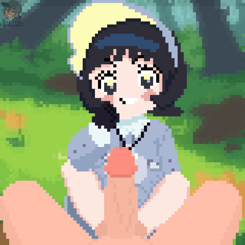 animated animated_gif black_eyes black_hair blush_stickers bush clothed_female_nude_male creatures_(company) game_freak highres nintendo nude outdoors parted_lips penis pixel_art pokemon pokemon_sv poppy_(pokemon) short_hair teeth tree twitching_penis veins veiny_penis visor_cap xmias