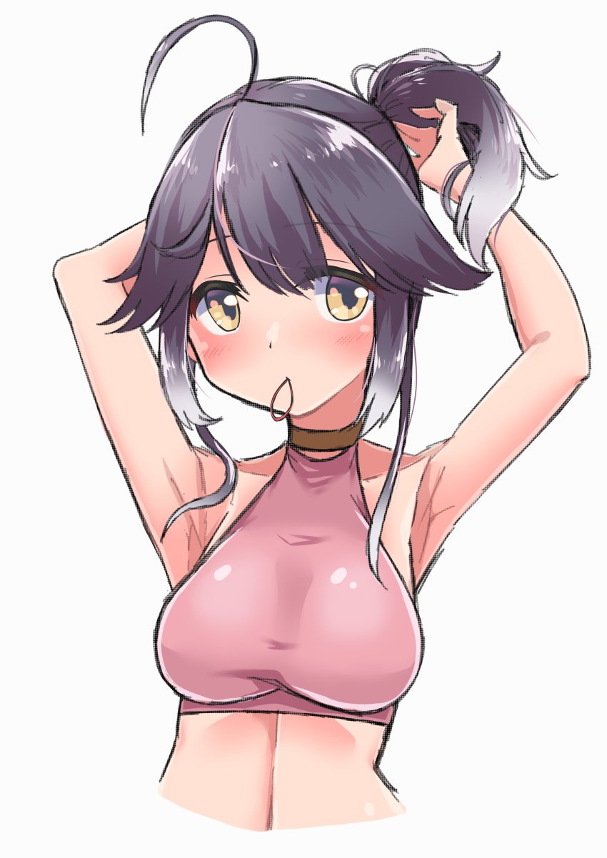 1girl absurdres ahoge breasts choker commentary_request grey_hair hayanami_(kancolle) highres kantai_collection komb looking_at_viewer medium_breasts mouth_hold ponytail rubber_band short_hair side_ponytail simple_background solo sports_bra upper_body white_background yellow_eyes