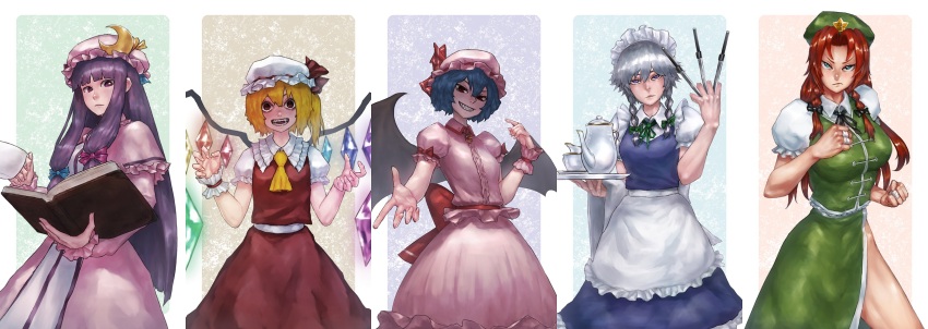 5girls apron ascot bat_wings beret blonde_hair blue_hair bluecup braid breasts cowboy_shot crystal_wings fighting_stance flandre_scarlet frills hand_up hat hat_ribbon highres hong_meiling izayoi_sakuya knife long_hair maid_apron maid_headdress mob_cap multiple_girls patchouli_knowledge purple_hair red_eyes red_hair red_ribbon remilia_scarlet ribbon scarlet_devil_mansion short_hair smirk touhou twin_braids white_hair wings yellow_ascot