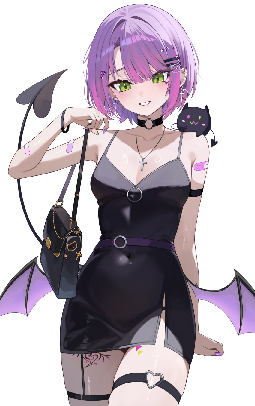 1girl absurdres alternate_costume bag bandaid bandaid_on_arm bibi_(tokoyami_towa) black_choker black_dress breasts choker cleavage commentary cross cross_necklace demon_girl demon_tail demon_wings dress gradient_hair green_eyes grin hair_ornament hairclip handbag highres hololive jewelry kkato looking_at_viewer low_wings medium_breasts multicolored_hair necklace o-ring o-ring_choker o-ring_thigh_strap pink_hair pointy_ears purple_hair short_dress short_hair simple_background sleeveless sleeveless_dress smile solo spaghetti_strap symbol-only_commentary tail thigh_strap tokoyami_towa virtual_youtuber white_background wings