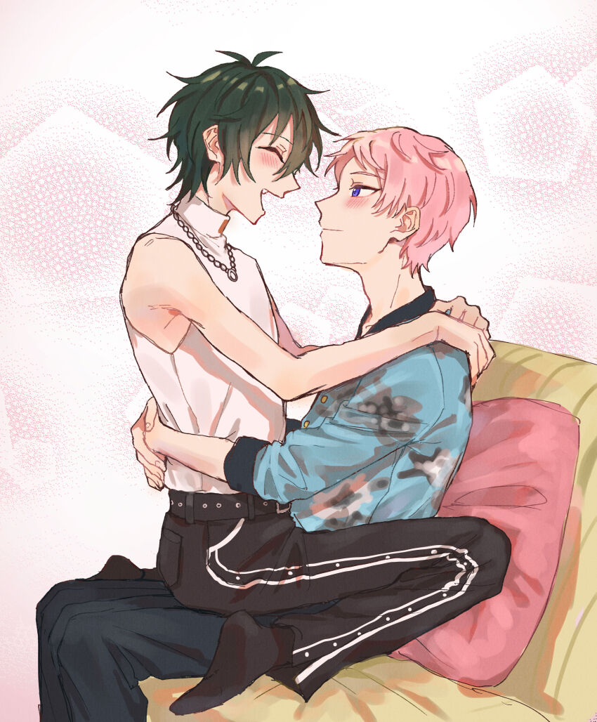 2boys absurdres arms_around_neck arms_around_waist belt black_pants black_socks blush boy_on_top buttons closed_eyes closed_mouth commentary_request ensemble_stars! floral_print green_hair highres itsuki_shu jewelry kagehira_mika long_sleeves male_focus multiple_boys necklace open_mouth pants pink_hair purple_eyes shirt short_hair sitting sleeveless sleeveless_turtleneck sleeves_past_elbows socks turtleneck valkyrie_(ensemble_stars!) wednesday_108 white_shirt yaoi