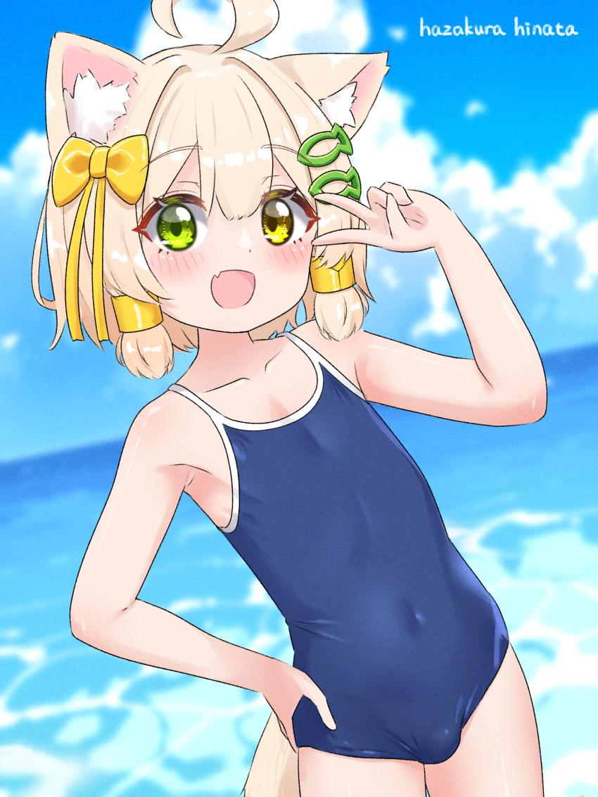 1boy ahoge animal_ear_fluff animal_ears artist_name bare_arms blonde_hair blue_one-piece_swimsuit blurry blurry_background blush bow cat_boy cat_ears cat_tail crossdressing fang fish_hair_ornament green_eyes hair_bow hair_ornament hand_on_own_hip hazakura_hinata heterochromia highres kaya_(hazakura_hinata) looking_at_viewer male_focus new_school_swimsuit ocean one-piece_swimsuit open_mouth original school_swimsuit smile solo standing swimsuit tail trap upper_body v v_over_eye yellow_bow yellow_eyes