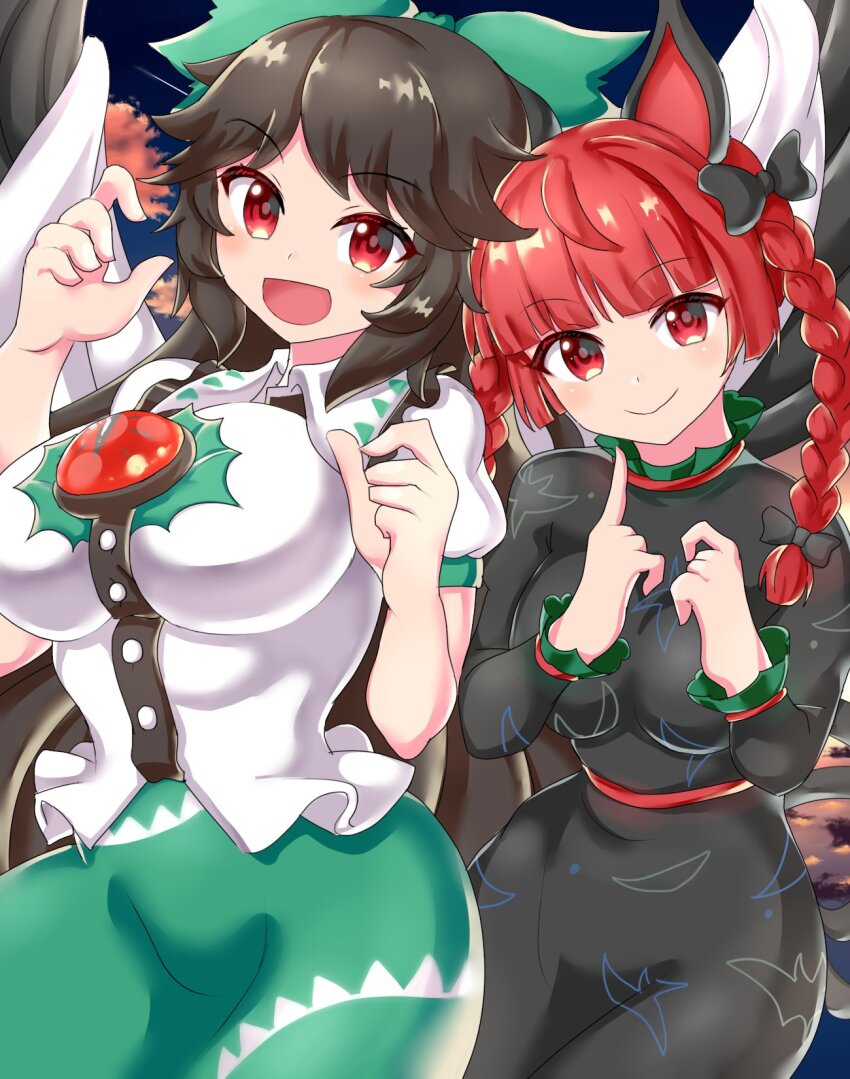 2girls :d ahoge animal_ears black_dress blunt_bangs bow braid breasts cat_ears cat_girl closed_mouth dress green_bow green_skirt hair_bow hair_flaps highres kaenbyou_rin kappy745 large_breasts long_hair long_sleeves looking_at_viewer medium_hair multiple_girls open_mouth red_eyes reiuji_utsuho shirt short_sleeves side_braids skirt smile third_eye touhou twin_braids white_shirt wings