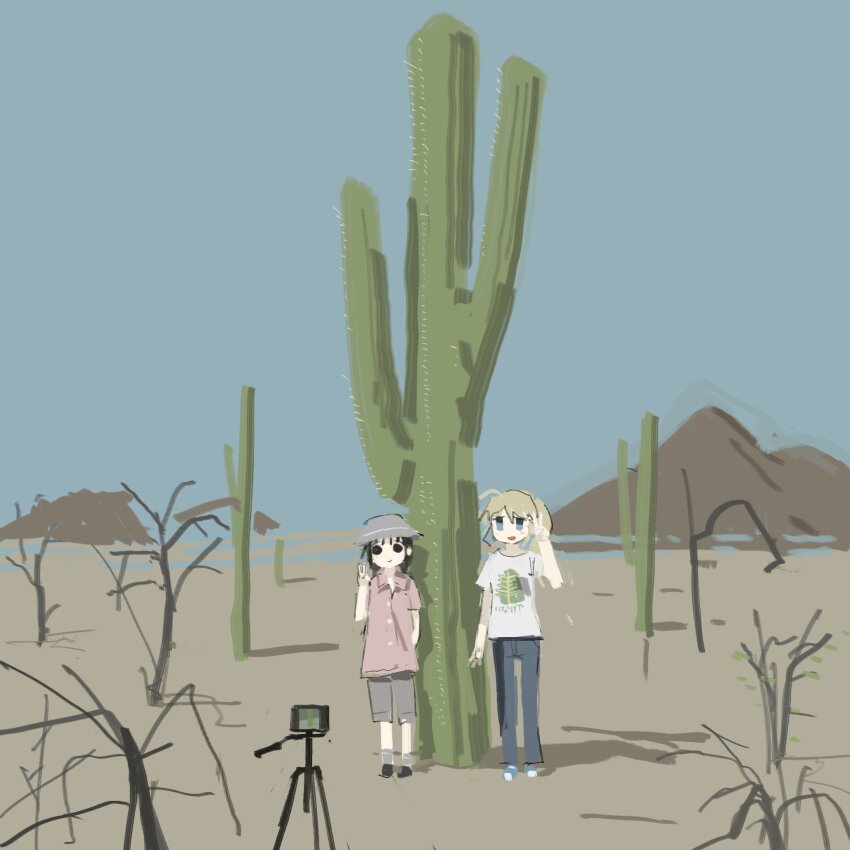 2girls alternate_costume arm_behind_back black_eyes black_hair blonde_hair blue_eyes brown_shorts bucket_hat cactus camera chito_(shoujo_shuumatsu_ryokou) collared_shirt denim desert hand_up hat highres jeans long_hair mountainous_horizon multiple_girls nature open_mouth original outdoors pants pink_shirt ponytail saguaro shirt shoes shorts shoujo_shuumatsu_ryokou smile standing t-shirt taking_picture tripod tsukumizu_yuu v white_shirt wide_shot yuuri_(shoujo_shuumatsu_ryokou)