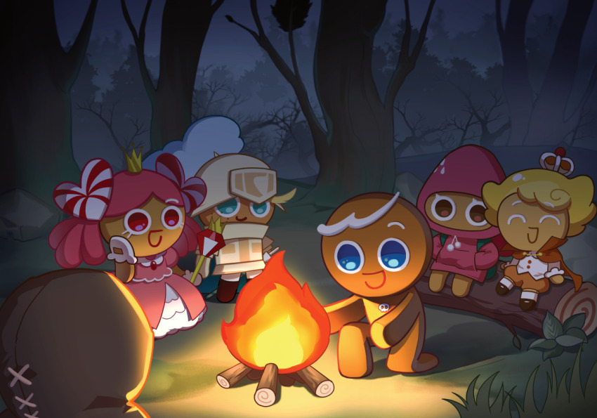 1other 2girls 3boys armor blonde_hair campfire commentary_request cookie_run cookie_run:_braverse cookie_run:_kingdom crown custard_cookie_iii fire gingerbrave gingerbread_man grass hood hood_up hoodie knight knight_cookie korean_commentary multiple_boys multiple_girls official_art outdoors pikett_iv pink_hair prince princess princess_cookie strawberry_cookie tree