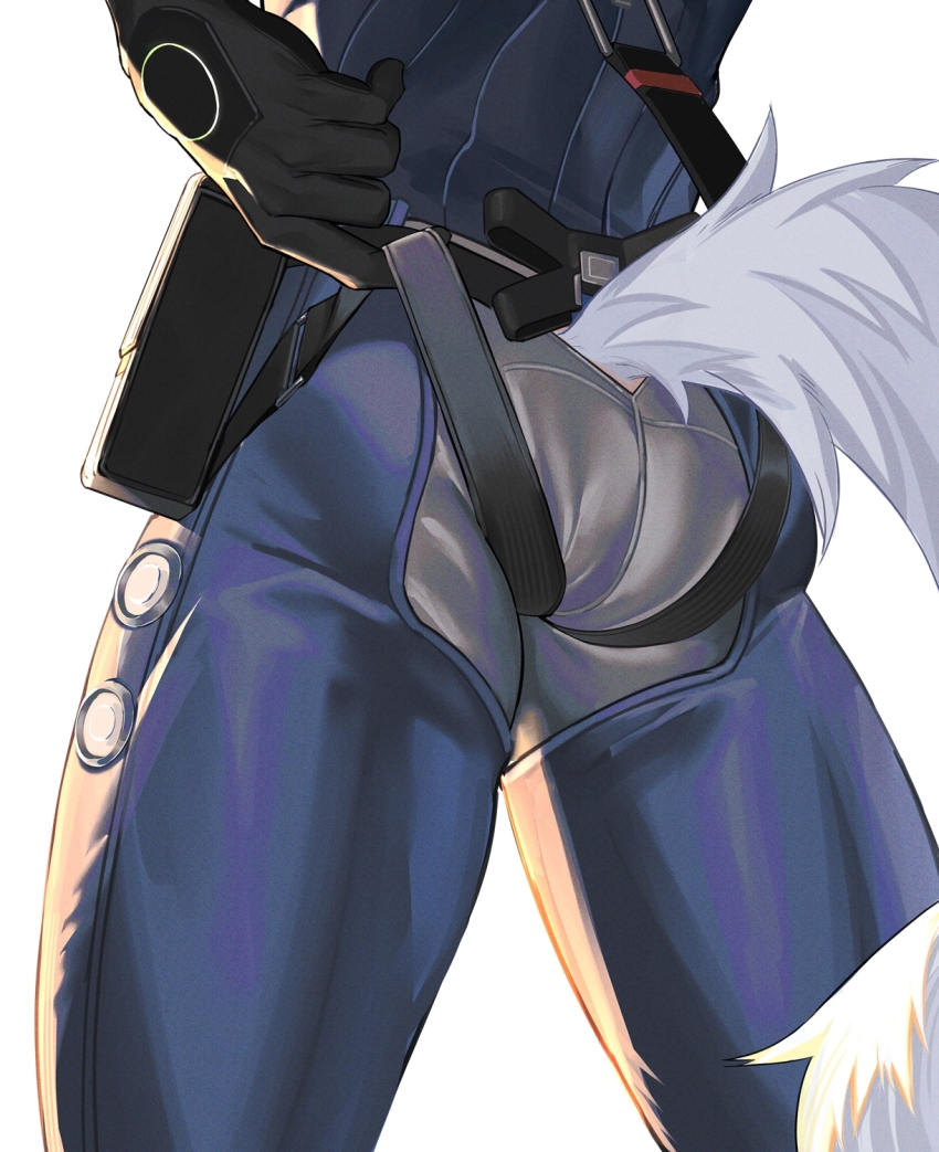 1boy ass black_gloves blue_pants cat_boy cat_tail from_behind gloves highres inimiyon1234 lower_body male_focus pants seth_lowell simple_background solo tail white_background zenless_zone_zero