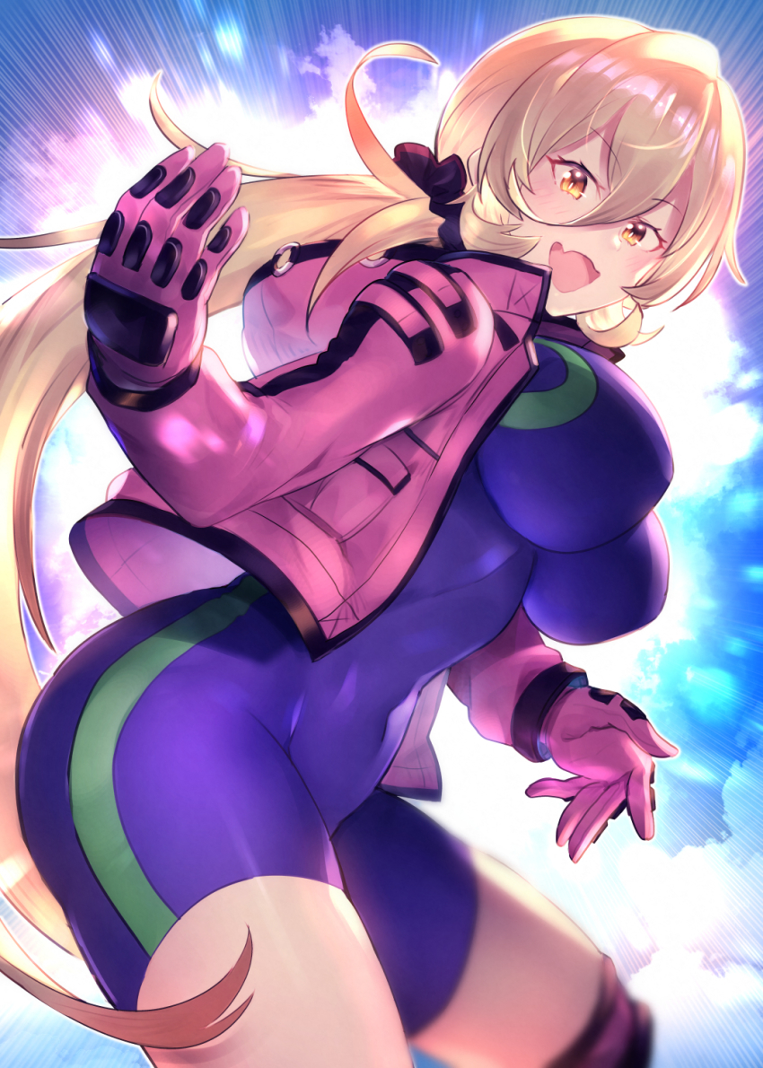 1girl blonde_hair bodysuit bow breasts commentary_request cosplay cropped_jacket fang furinji_miu gloves hair_between_eyes hair_bow highres large_breasts long_hair long_sleeves looking_at_viewer matsumoto_tomoyohi nijisanji nui_sociere open_mouth ponytail shijou_saikyou_no_deshi_ken&#039;ichi skindentation smile solo tight_clothes upper_body virtual_youtuber yellow_eyes