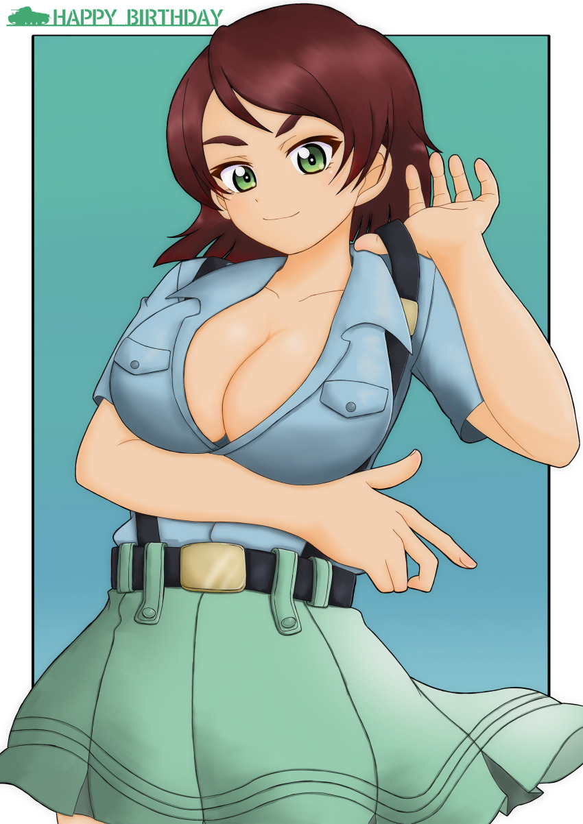 1girl absurdres amanone_yun aoshidan_school_uniform belt birthday black_belt blue_shirt bob_cut breasts brown_hair cleavage closed_mouth collared_shirt cowboy_shot english_text girls_und_panzer green_eyes green_skirt happy_birthday highres large_breasts looking_at_viewer outside_border pleated_skirt school_uniform shirt short_hair short_sleeves skirt smile solo standing suspenders suspenders_pull tristana_(girls_und_panzer)