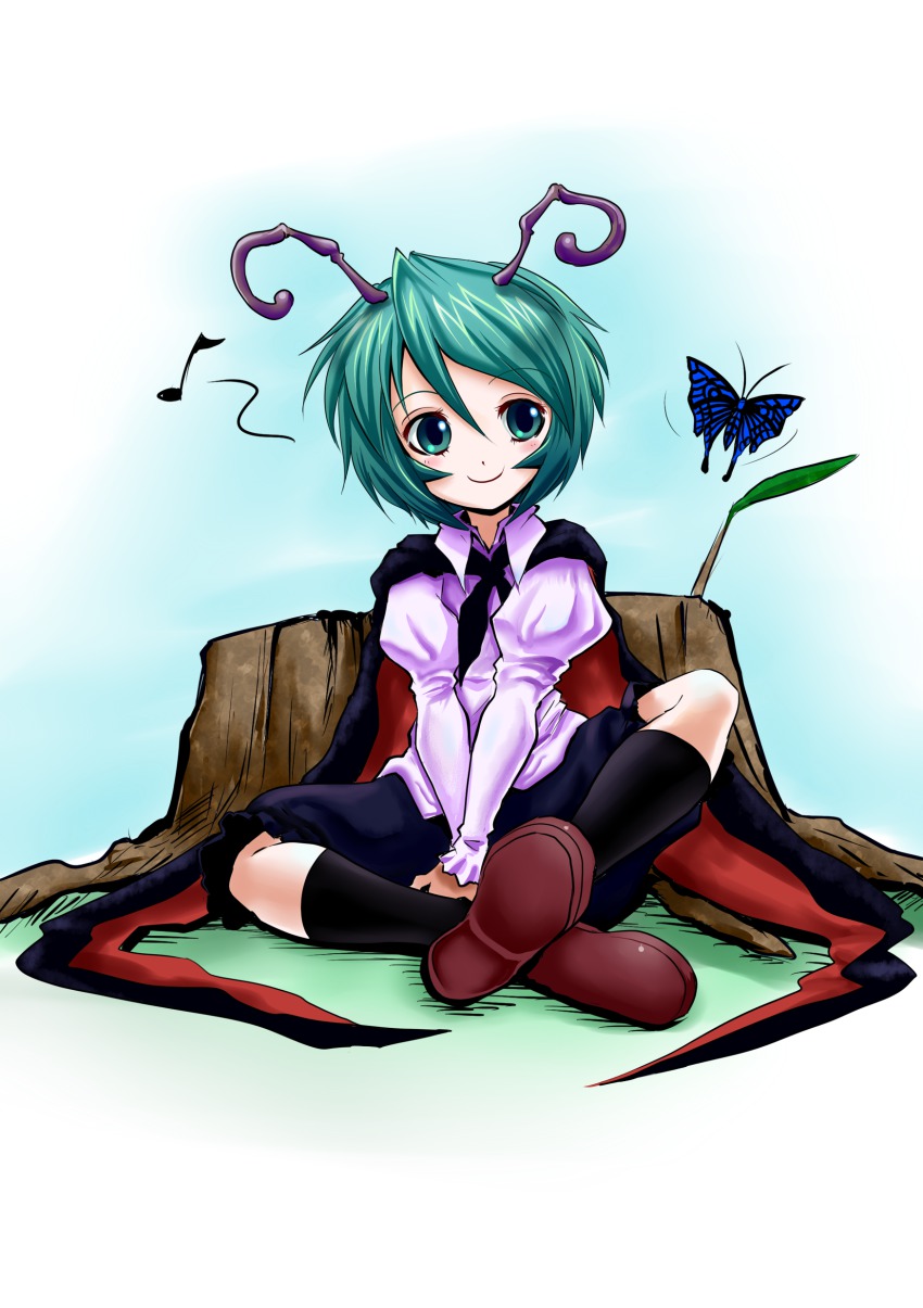 1girl absurdres antennae bug butterfly cape female_focus green_eyes green_hair highres bug long_sleeves madara_inosuke matching_hair/eyes musical_note puffy_sleeves short_hair sitting smile solo touhou wriggle_nightbug