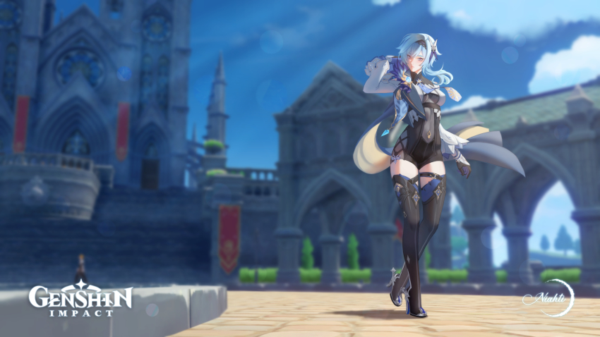 blue_hair boots building eula_(genshin_impact) genshin_impact gloves hair_ornament high_heels highres necktie niahti sky solo thigh_boots thigh_strap thighhighs