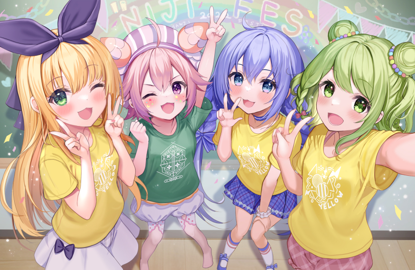 4girls :d ;d ahoge akabane_(zebrasmise) black_bow black_ribbon blonde_hair blue_bow blue_choker blue_eyes blue_footwear blue_hair blue_skirt blush bow braid chalkboard choker collarbone confetti crescent double_bun double_v full_body green_eyes green_hair green_shirt hair_between_eyes hair_bow hair_bun hair_ribbon hat highres kneehighs knees long_hair mononobe_alice morinaka_kazaki multiple_girls nijisanji one_eye_closed open_mouth pink_hair pink_shorts puffy_shorts purple_eyes purple_headwear ribbon shirt short_hair short_sleeves shorts skirt smile socks star_(symbol) t-shirt twin_braids ushimi_ichigo v very_long_hair virtual_youtuber white_shorts white_skirt white_socks white_wrist_cuffs wrist_cuffs yellow_shirt yuuki_chihiro