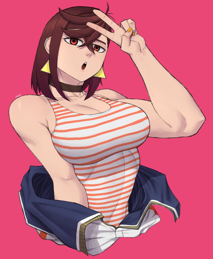 1girl absurdres ayase_momo black_choker breasts brown_eyes brown_hair choker cleavage dandadan earrings highres jewelry large_breasts limn044 open_mouth orange_tank_top pink_background simple_background solo striped_tank_top tank_top triangle_earrings v white_tank_top