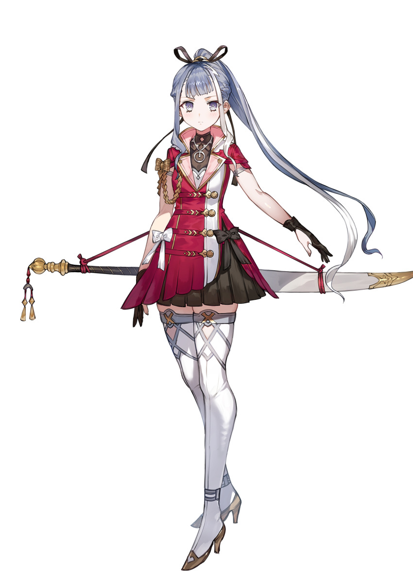 1girl aiguillette atelier_(series) atelier_ryza atelier_ryza_3 black_ribbon black_skirt blue_eyes blue_hair blunt_bangs closed_mouth full_body hair_ribbon high_heels highres jacket long_hair looking_at_viewer multicolored_hair official_art patricia_abelheim pleated_skirt ponytail red_jacket ribbon shoes short_sleeves sidelocks simple_background skirt solo standing streaked_hair sword thighhighs toridamono transparent_background weapon white_thighhighs