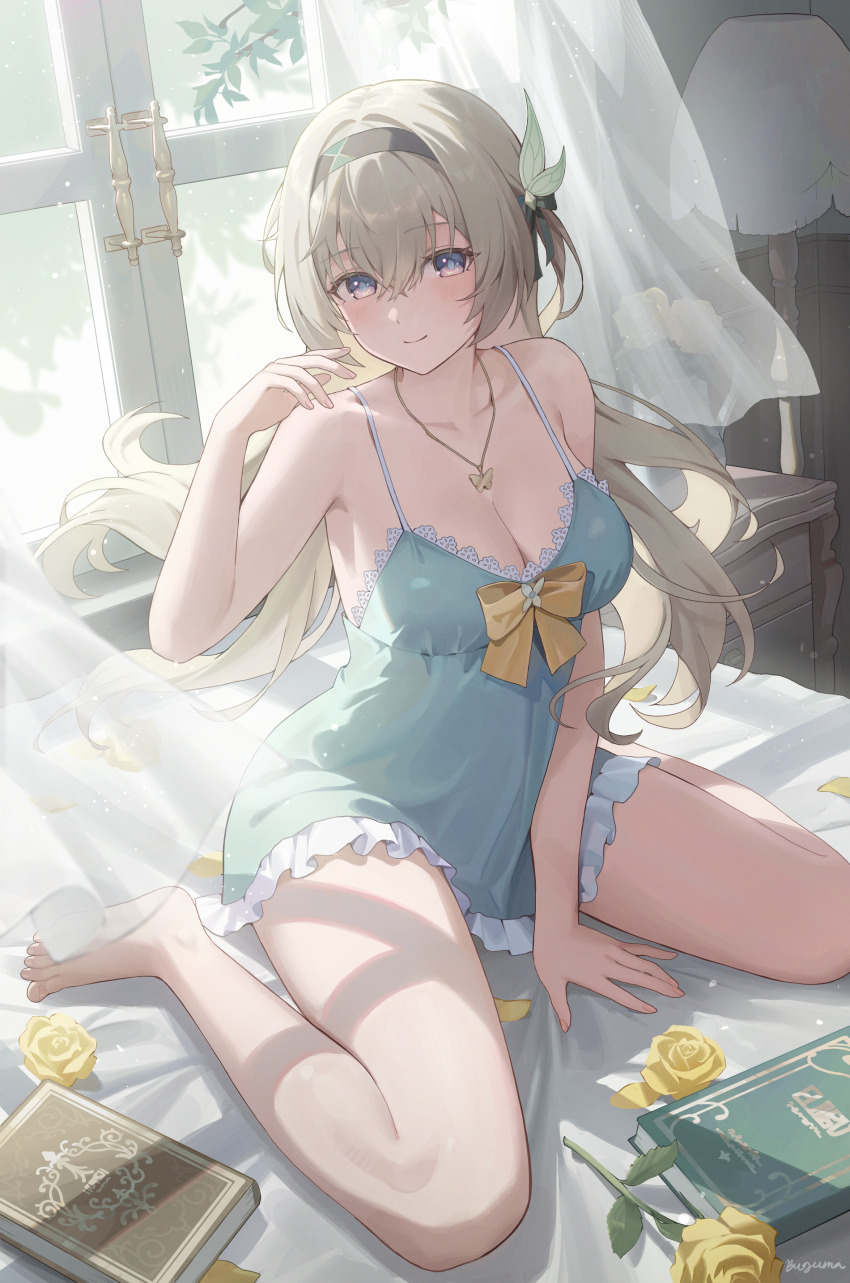 1girl absurdres alternate_costume bare_shoulders barefoot bed bedroom between_legs black_hairband book bow breasts buguma butterfly_necklace chemise cleavage closed_mouth commentary curtains english_commentary firefly_(honkai:_star_rail) floating_hair floor_lamp flower full_body green_chemise grey_hair hair_between_eyes hair_intakes hairband hand_between_legs hand_up highres honkai:_star_rail honkai_(series) indoors jewelry large_breasts long_hair looking_at_viewer necklace nightstand on_bed orange_bow signature sitting smile solo sunlight two-tone_eyes wariza window yellow_flower