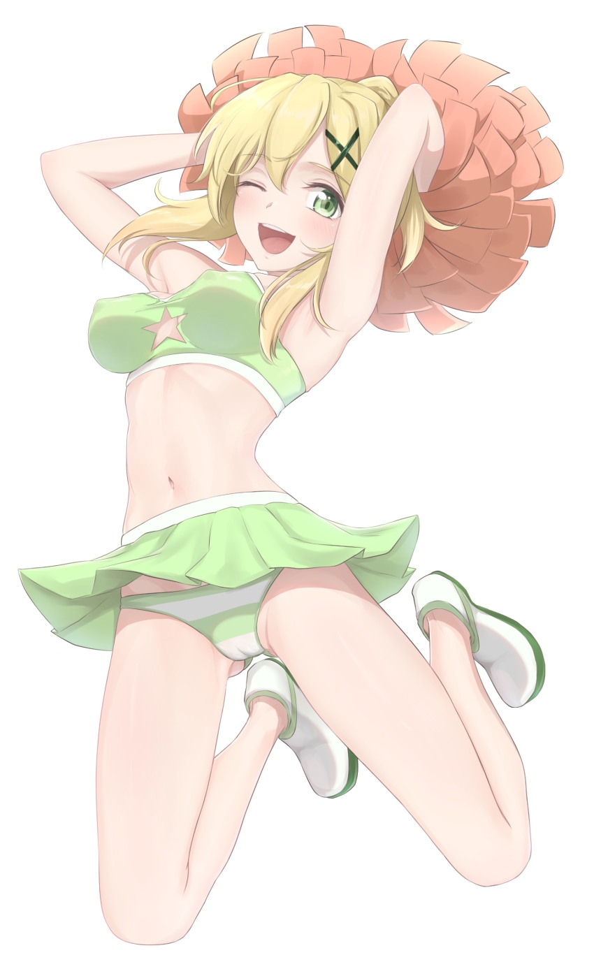 1girl absurdres akatsuki_kirika arm_up blaze_(blaze_pso2) blonde_hair blush breasts cameltoe cheerleader covered_erect_nipples crop_top full_body gluteal_fold green_eyes hair_ornament highres holding jumping looking_at_viewer medium_breasts midriff navel one_eye_closed open_mouth panties pom_pom_(cheerleading) senki_zesshou_symphogear shirt short_hair simple_background skirt sleeveless sleeveless_shirt smile solo star_cutout striped_clothes striped_panties underwear upskirt white_background x_hair_ornament