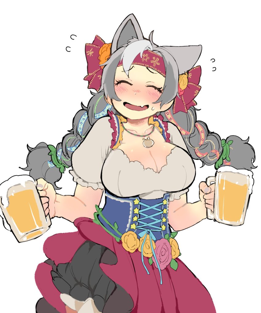 1girl ^_^ alcohol animal_ears bare_arms bear_ears bear_girl beer beer_mug blush braid breasts cleavage closed_eyes commentary_request corset cup dirndl drink embarrassed extra_ears closed_eyes ezo_brown_bear_(kemono_friends) facing_viewer fang fingernails flower flying_sweatdrops furrowed_brow german_clothes grey_hair grey_nails hair_ribbon headband highres holding holding_cup igarashi_(nogiheta) jewelry kemono_friends kemono_friends_3 large_breasts long_hair mug multicolored_hair nail_polish open_mouth pendant ribbon short_sleeves smile solo twin_braids upper_body