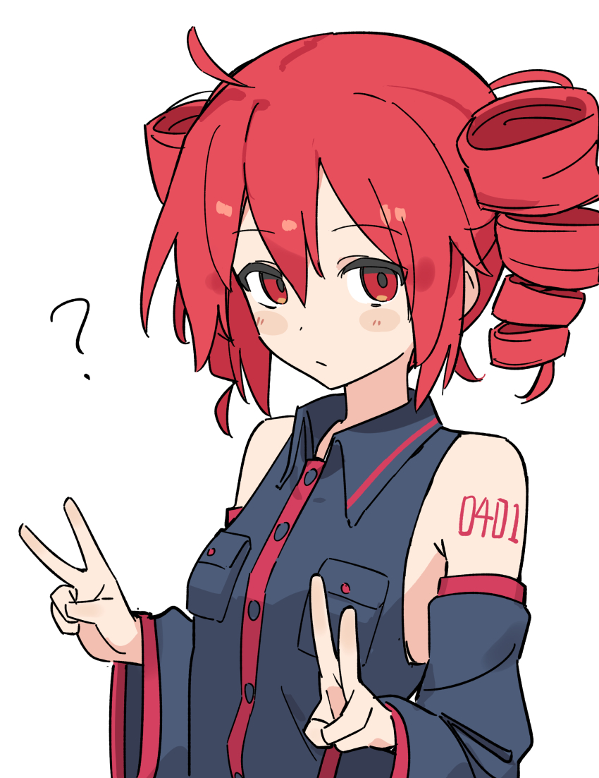 1girl ? absurdres ahoge bare_shoulders black_sleeves blush_stickers buttons collared_shirt detached_sleeves double_v drill_hair expressionless fusazakura grey_shirt highres kasane_teto looking_at_viewer red_eyes red_hair red_trim shirt shoulder_tattoo solo tattoo twin_drills upper_body utau v white_background