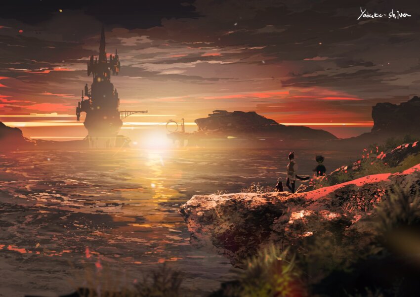 1girl 1other artist_name blurry blurry_foreground cloud cloudy_sky depth_of_field final_fantasy final_fantasy_xiv gradient_sky grass lalafell miqo&#039;te ocean outdoors scenery signature sky standing sun sunset tower warrior_of_light_(ff14) water yabuka_shiwa