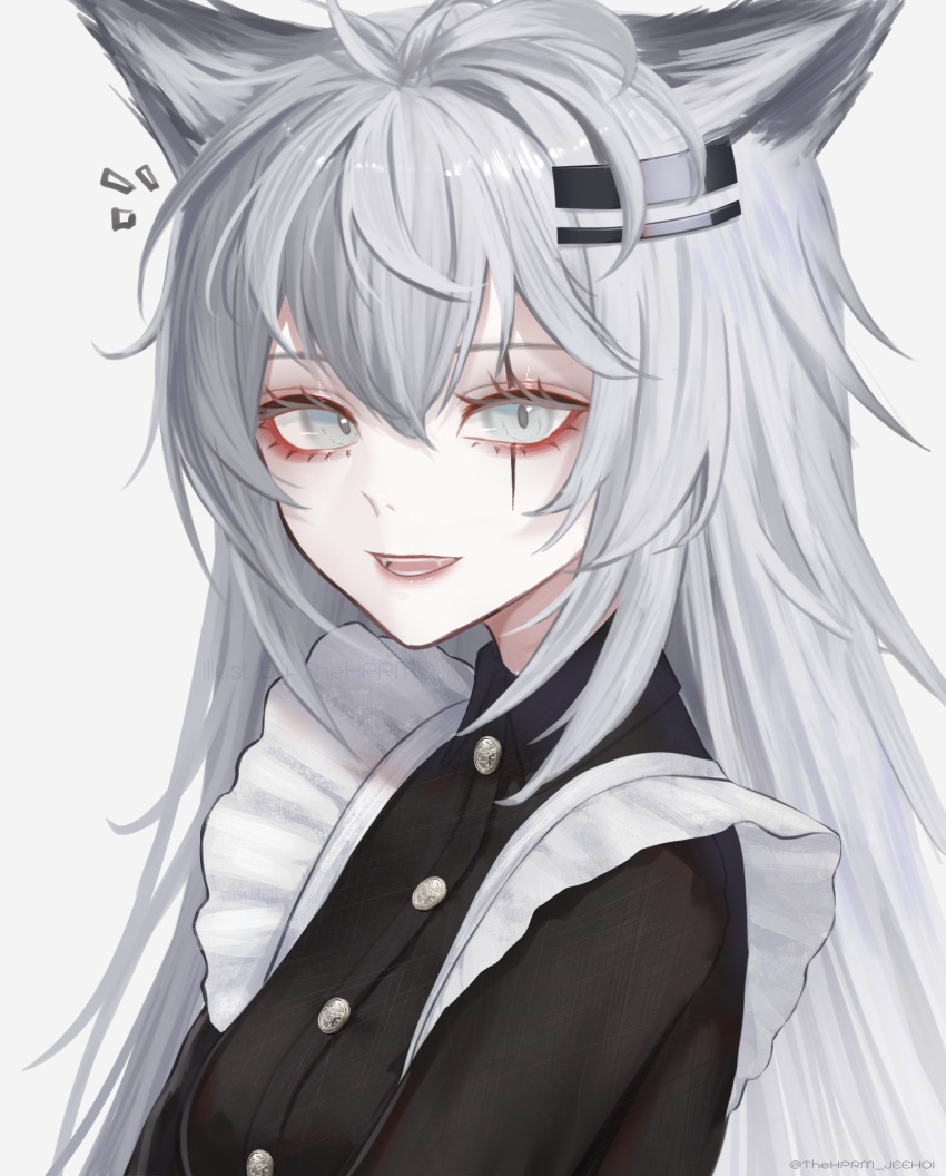 1girl animal_ears apron arknights black_shirt breasts collared_shirt commentary fangs frilled_apron frills grey_eyes grey_hair hair_between_eyes hair_ornament hairclip highres lappland_(arknights) long_hair long_sleeves looking_at_viewer open_mouth scar scar_across_eye shirt simple_background small_breasts smile solo teeth thehprm twitter_username upper_body white_apron white_background wolf_ears wolf_girl