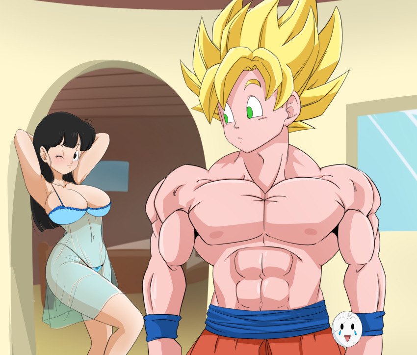 1boy 1girl abs absurdres black_eyes black_hair blonde_hair blush breasts caisama chi-chi_(dragon_ball) couple dragon_ball excited excited_for_sex green_eyes highres husband_and_wife large_breasts long_hair muscular muscular_male nipples pectorals son_goku super_saiyan tagme thick_thighs thighs