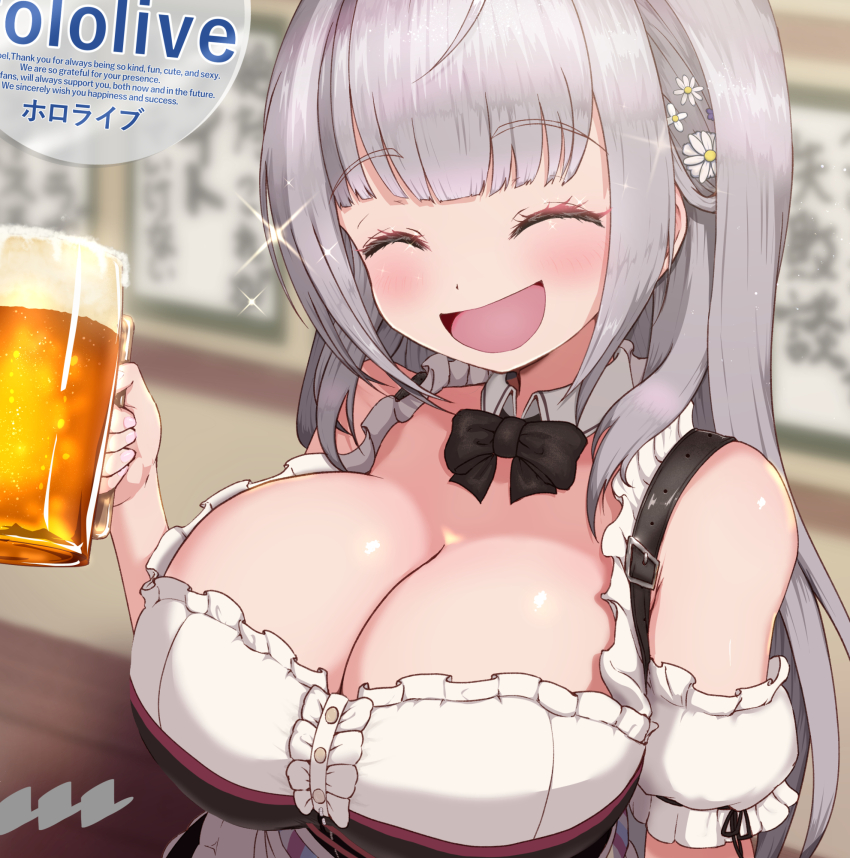 apron beer_mug black_dress blush breasts cleavage closed_eyes collar cup detached_collar dress flower green_eyes grey_hair hair_flower hair_ornament highres holding holding_cup hololive large_breasts long_hair looking_at_viewer mug official_alternate_costume open_mouth reiwa_rerere shirogane_noel shirogane_noel_(dirndl) smile solo thighhighs virtual_youtuber white_apron white_collar white_thighhighs