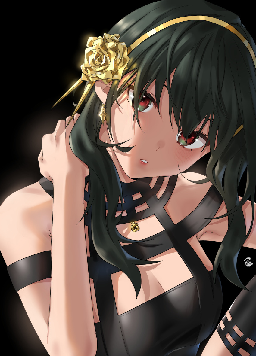 1girl absurdres black_background black_dress black_hair breasts cleavage dress earrings flower gold_hairband golden_rose hair_between_eyes hair_flower hair_ornament hair_stick hairband hand_on_own_neck hievasp highres jewelry large_breasts looking_at_viewer parted_lips red_eyes rose short_hair_with_long_locks sidelocks simple_background sleeveless sleeveless_dress solo spy_x_family upper_body yor_briar