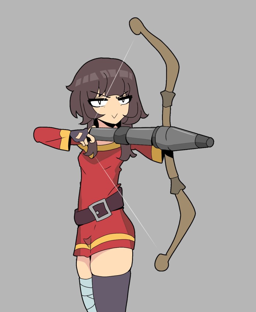 1girl :&gt; aiming asymmetrical_legwear bow_(weapon) bread_forbidden breasts brown_hair cowboy_shot dress fingerless_gloves gloves highres holding holding_bow_(weapon) holding_weapon kono_subarashii_sekai_ni_shukufuku_wo! megumin rocket short_dress short_hair_with_long_locks small_breasts solo team_fortress_2 weapon