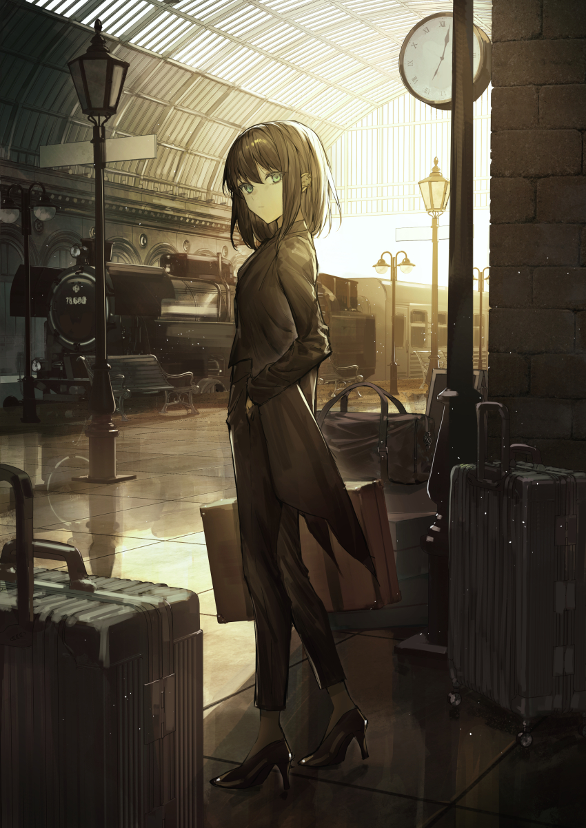 1girl absurdres bag black_footwear black_hair black_pants blue_eyes formal_clothes gloves grey_socks hand_in_pocket high_heels highres locomotive looking_at_viewer medium_hair original pants socks solo steam_locomotive suit suitcase tamitami train_station white_gloves