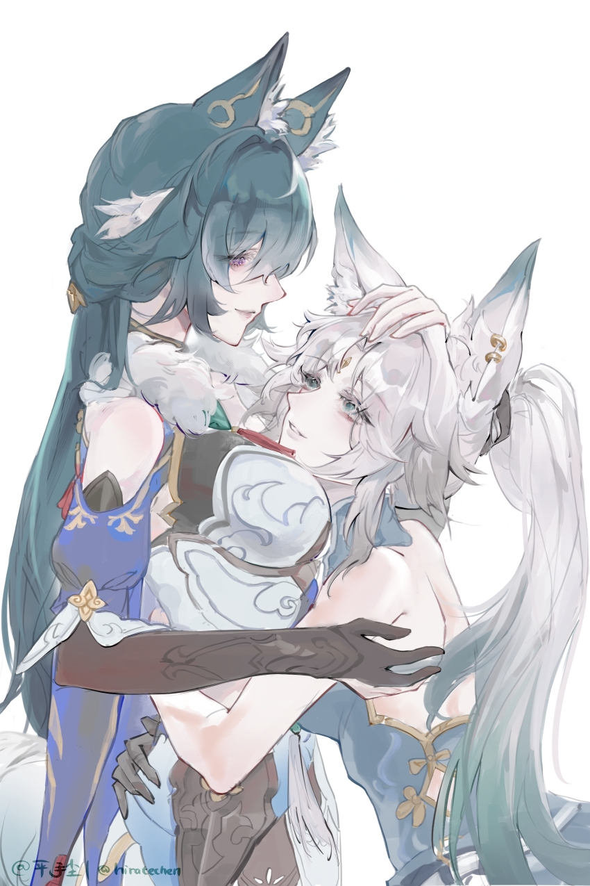 2girls absurdres animal_ears artist_name breast_pillow chinese_commentary clothing_cutout commentary_request dress feixiao_(honkai:_star_rail) forehead_jewel fox_ears fox_girl fur-trimmed_dress fur_trim green_eyes green_hair hand_on_another&#039;s_head highres hiratechen honkai:_star_rail honkai_(series) long_hair multiple_girls ponytail purple_eyes shirt short_hair shoulder_cutout simple_background sleeveless sleeveless_shirt smile very_short_hair white_background white_hair yukong_(honkai:_star_rail) yuri