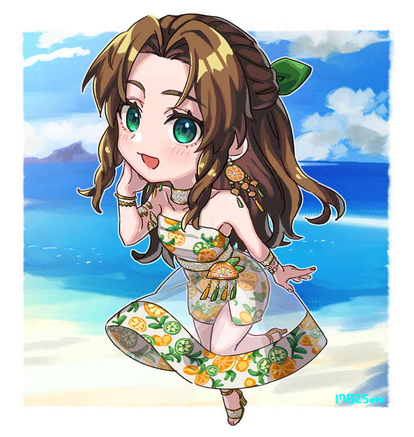 1782seta 1girl aerith_gainsborough aerith_gainsborough_(citric_dress) armlet artist_name bare_shoulders beach border bracelet breasts brown_hair checkered_choker chibi collarbone dress earrings final_fantasy final_fantasy_vii final_fantasy_vii_ever_crisis food-themed_earrings food_themed_earrings fruit_print full_body green_eyes green_ribbon hair_ribbon half_updo hand_on_own_cheek hand_on_own_face highres jewelry light_blush long_dress long_hair looking_at_viewer medium_breasts multicolored_nails multiple_bracelets nail_polish ocean official_alternate_costume open_mouth orange-shaped_earrings orange-shaped_ornament orange_print parted_bangs print_dress ribbon sandals see-through_clothes see-through_skirt side_slit sidelocks skirt smile solo strapless strapless_dress toeless_footwear wavy_hair white_border