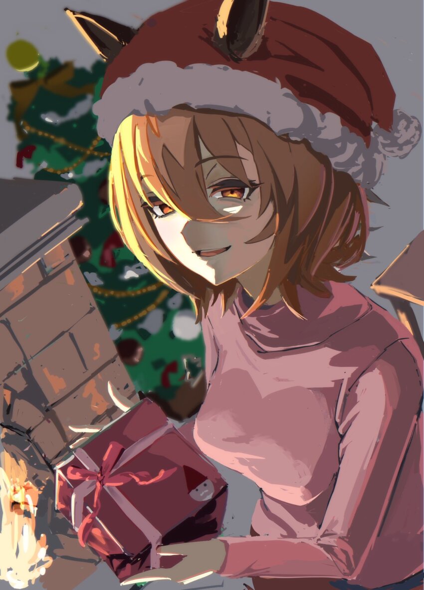 1girl agnes_tachyon_(umamusume) animal_ears box breasts brown_hair christmas christmas_ornaments christmas_tree ears_through_headwear fire fireplace_shovel fur-trimmed_headwear fur_trim gift gift_box hair_between_eyes hat highres holding holding_gift horse_ears horse_girl large_breasts long_sleeves o_ko_ge2024 parted_lips pink_sweater red_eyes red_hat santa_hat shaded_face short_hair smile solo sweater turtleneck turtleneck_sweater umamusume