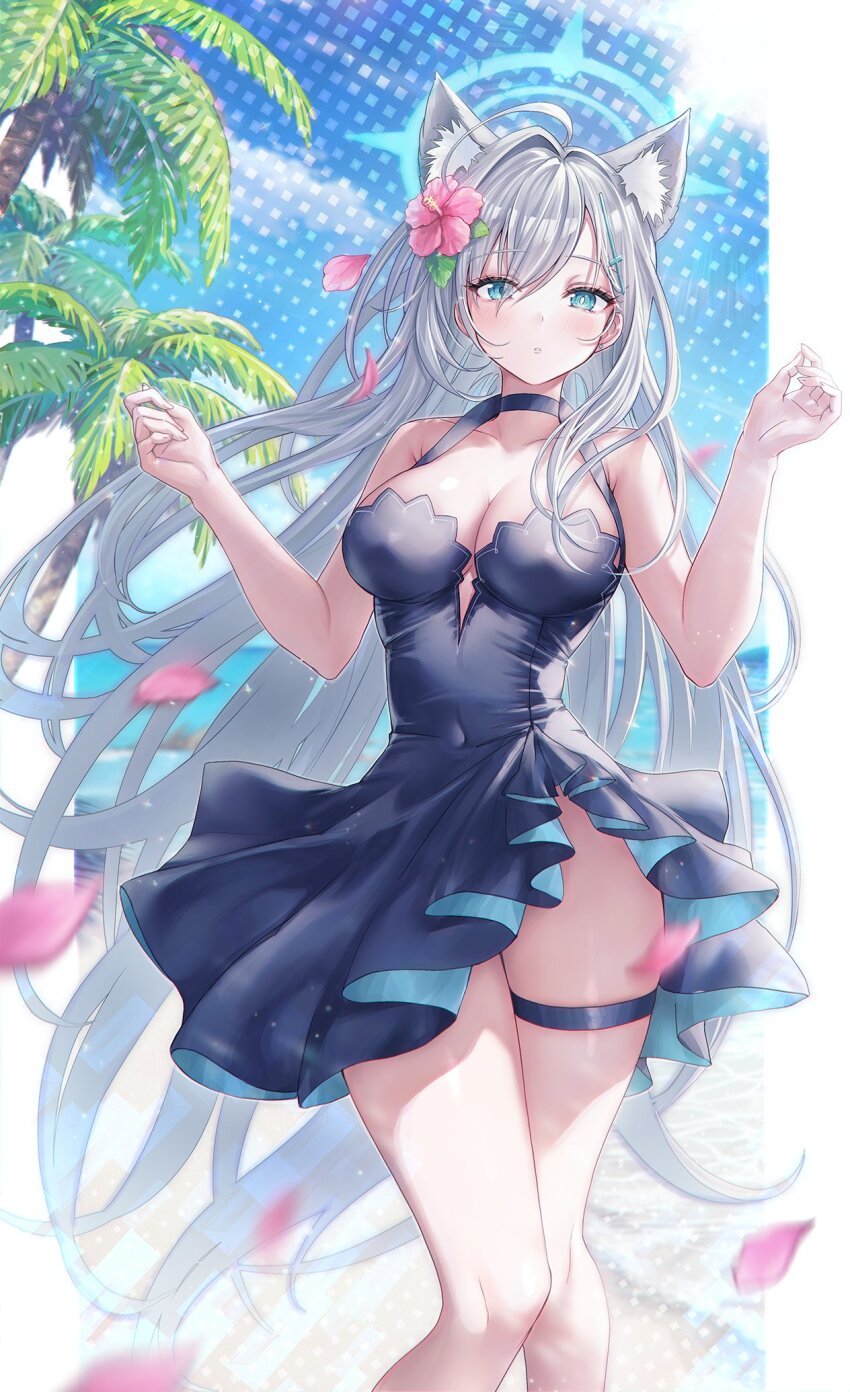 1girl ahoge animal_ear_fluff animal_ears bare_shoulders beach blue_archive blue_eyes blue_halo breasts flower grey_hair hair_flower hair_ornament halo highres large_breasts long_hair looking_at_viewer mirukurim shiroko_(blue_archive) shiroko_terror_(blue_archive) solo thigh_strap very_long_hair