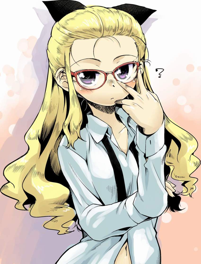 10s 1girl ? adjusting_eyewear assam_(girls_und_panzer) bespectacled black_necktie black_ribbon blonde_hair blue_eyes closed_mouth dress_shirt female_focus girls_und_panzer glasses hair_pulled_back hair_ribbon highres long_hair long_sleeves necktie r-ex red-framed_eyewear ribbon shadow shirt solo standing unbuttoned unbuttoned_shirt untied upper_body white_shirt