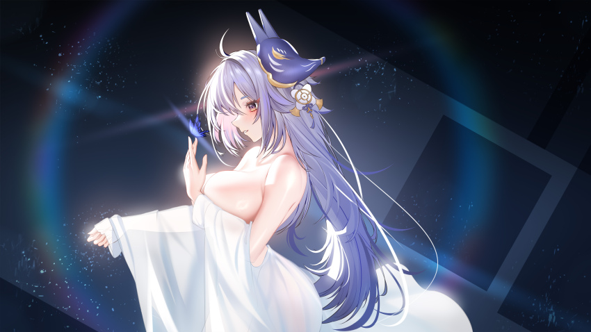 1girl absurdres ahoge ass azur_lane bare_shoulders blue_hair breasts bug butterfly butterfly_on_hand chinese_commentary commentary_request cowboy_shot fox_mask from_side highres insect large_breasts long_hair mask mask_on_head no_tail see-through_clothes solo thunder-35 tosa_(azur_lane) very_long_hair