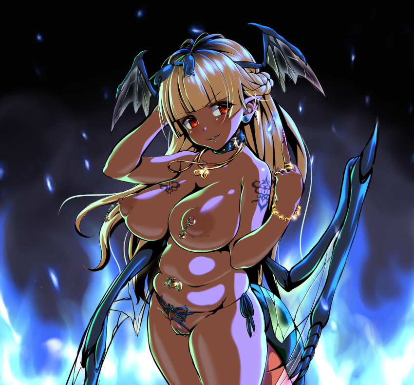 1girl arthropod_girl bar_censor blonde_hair blunt_bangs braid breasts censored cleft_of_venus collar cowboy_shot dark-skinned_female dark_skin fingernails head_wings highres horarezonu jewelry large_breasts long_fingernails long_hair looking_at_viewer middle_finger monster_girl navel navel_piercing necklace nipple_piercing nipple_rings nipples original parted_lips piercing plug_(piercing) plump pointy_ears puffy_nipples pussy red_eyes smile solo tattoo uncensored wings