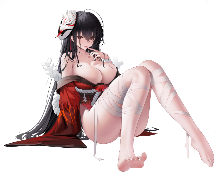 1girl absurdres ahoge azur_lane bandage_on_thigh bandaged_arm bandaged_leg bandages bare_shoulders barefoot black_hair breasts cleavage crossed_bangs feet hair_between_eyes hair_spread_out hei_wuchang highres huge_breasts japanese_clothes kimono long_hair looking_at_viewer mask mask_on_head no_bra off_shoulder oni_mask open_mouth red_eyes red_kimono robe rope shimenawa simple_background sitting solo taihou_(azur_lane) taihou_(meta)_(azur_lane) thighs tongue tongue_out very_long_hair white_background