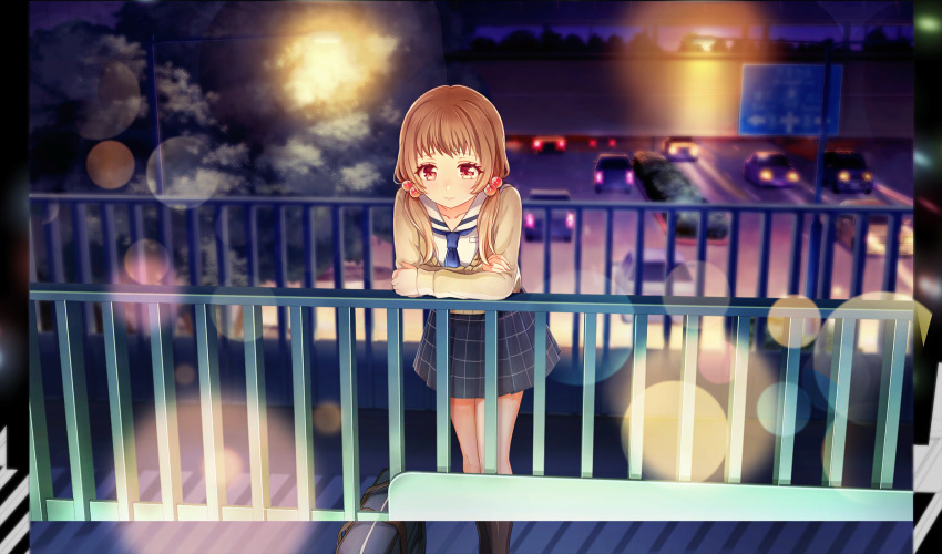 1girl bag black_socks blue_bag blue_necktie bridge car cardigan cinderella_series closed_mouth crossed_arms feet_out_of_frame game_cg grey_skirt hachigatsu_no_cinderella_nine hair_bobbles hair_ornament hand_on_railing highres lens_flare light_brown_hair long_hair long_sleeves looking_down low_twintails motor_vehicle naoe_tayu necktie night non-web_source official_art outdoors pedestrian_bridge plaid_clothes plaid_skirt pleated_skirt red_eyes road road_sign sailor_collar school_bag school_uniform serafuku shirt sign skirt socks solo standing tree twintails white_sailor_collar white_shirt yellow_cardigan