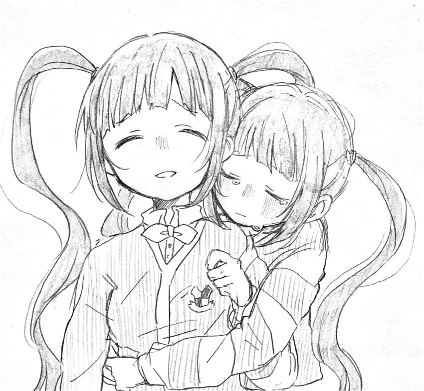 1girl blunt_bangs blush bow bowtie breasts cardigan closed_eyes closed_mouth collared_shirt dual_persona emblem graphite_(medium) greyscale hair_tie hands_on_another&#039;s_waist highres htnmanpp hug hug_from_behind idolmaster idolmaster_million_live! idolmaster_million_live!_theater_days long_hair long_sleeves looking_at_viewer matsuda_arisa monochrome open_mouth sad shirt sidelocks simple_background small_breasts tearing_up traditional_media twintails upper_body very_long_hair white_background