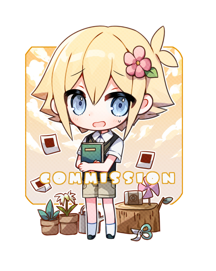 1boy basil_(faraway)_(omori) basil_(omori) blonde_hair blue_eyes blush brown_shorts camera chibi chibi_only collared_shirt commission flower flower_pot green_sweater_vest hair_flower hair_ornament highres looking_at_viewer nervous_smile omori open_mouth photo_(object) pinwheel plant potted_plant gardening_shears shio_0585 shirt short_hair short_sleeves shorts smile socks solo sweater_vest tree_stump watering_can white_shirt white_socks