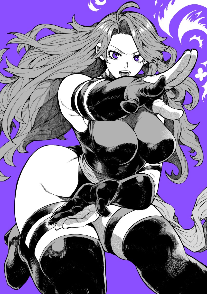 1girl absurdres animification bare_shoulders breasts bridal_gauntlets elbow_gloves gloves highleg highleg_leotard highres large_breasts leotard long_hair looking_at_viewer marvel psylocke purple_eyes sash solo superhero_costume thighhighs x-men yotsumi_shiro