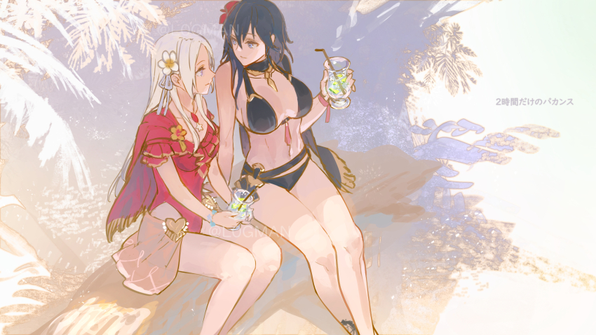 2girls bare_arms bare_shoulders bikini black_bikini breasts byleth_(female)_(fire_emblem) byleth_(female)_(summer)_(fire_emblem) byleth_(fire_emblem) cape casual_one-piece_swimsuit cleavage cocktail_glass commentary_request cup drinking_glass edelgard_von_hresvelg edelgard_von_hresvelg_(summer) fire_emblem fire_emblem:_three_houses fire_emblem_heroes flower frilled_one-piece_swimsuit frills from_side green_hair hair_flower hair_ornament hair_ribbon highres jewelry l0gman large_breasts leaning leaning_to_the_side looking_at_another multiple_girls necklace nintendo official_alternate_costume one-piece_swimsuit orange_flower outdoors purple_ribbon red_flower red_one-piece_swimsuit ribbon shade sitting swimsuit white_flower white_hair yuri