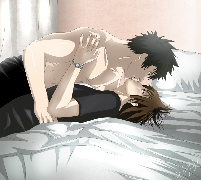 10s 1boy 1girl bed hetero highres kougami_shin&#039;ya lesya7 psycho-pass topless tsunemori_akane watch