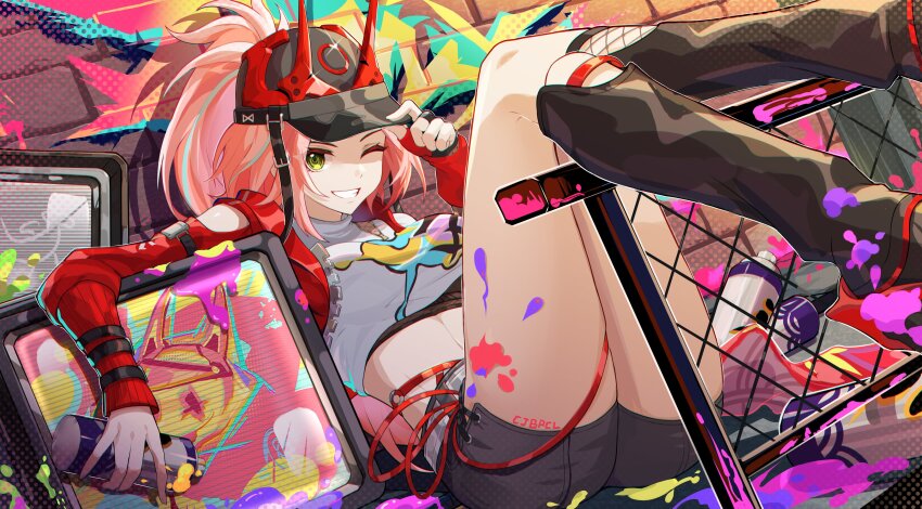 1girl :d absurdres black_hair black_shorts bupa_chila crop_top feet_out_of_frame graffiti green_eyes hand_on_own_hat hat hat_horns high_ponytail highres honkai:_star_rail honkai_(series) jacket long_hair one_eye_closed open_mouth outdoors pink_hair rappa_(honkai:_star_rail) red_hat red_jacket red_sleeves shirt short_shorts shorts sitting smile solo spray_can white_shirt