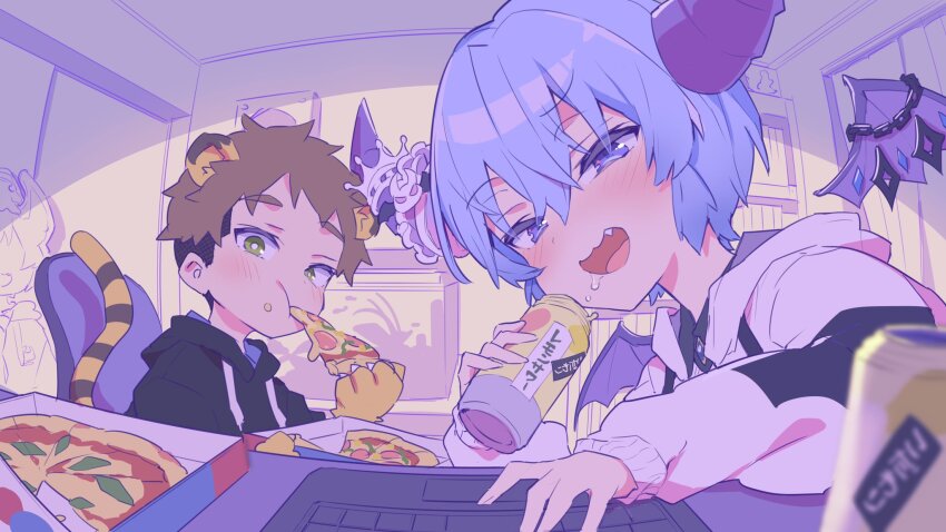 2boys animal_ears animal_hands black_hoodie blue_eyes blue_hair brown_hair can character_request demon_boy demon_horns eating fang food green_eyes highres holding holding_can holding_food holding_pizza hood hood_down hoodie horn_ornament horns indie_virtual_youtuber maou_chirorunia morishima_kon multiple_boys open_mouth original pizza short_hair tail tiger_ears tiger_tail translation_request virtual_youtuber white_hoodie